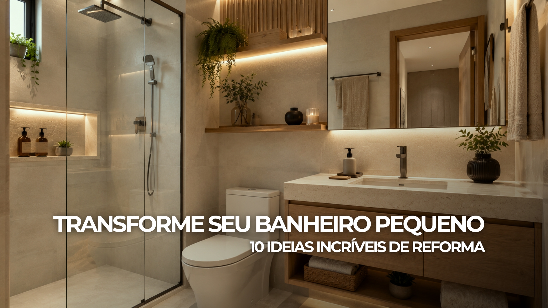 Banheiro pequeno reformado com revestimentos claros, box transparente, gabinete suspenso, espelho amplo e iluminação aconchegante