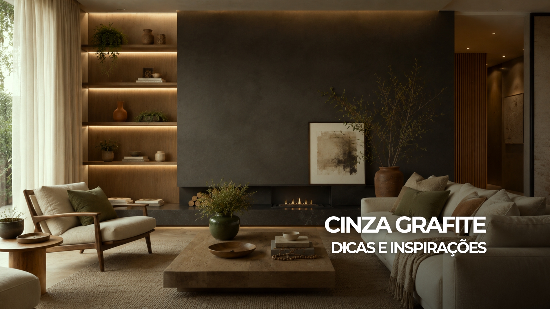 Ambiente sofisticado com parede cinza grafite, móveis claros, madeira natural, iluminação quente e detalhes em verde e terracota