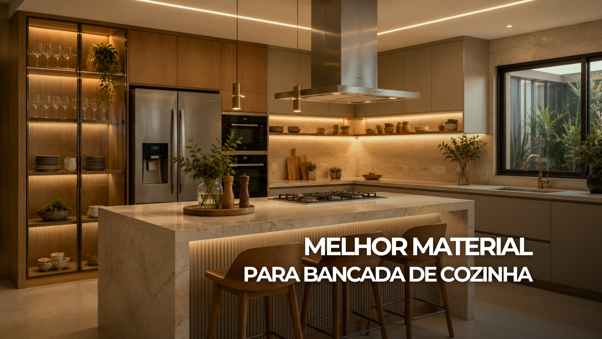 Cozinha sofisticada com bancada clara de alta resistência, marcenaria planejada, detalhes em madeira e iluminação aconchegante