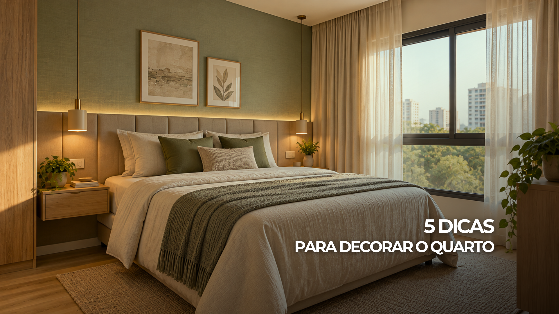 Quarto acolhedor com cabeceira estofada, parede em tom suave, iluminação quente e piso de aparência amadeirada.