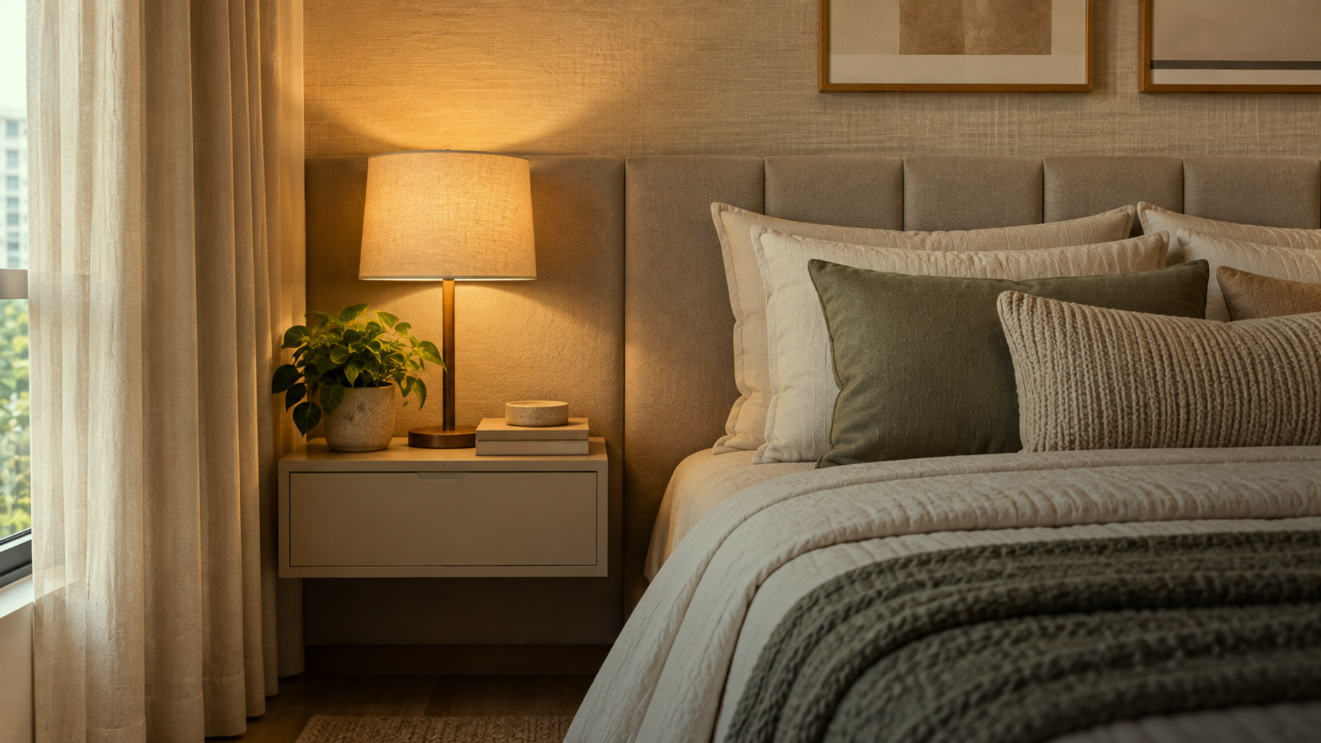 Detalhe de quarto com cabeceira estofada, revestimento de parede texturizado e luminária de luz suave.
