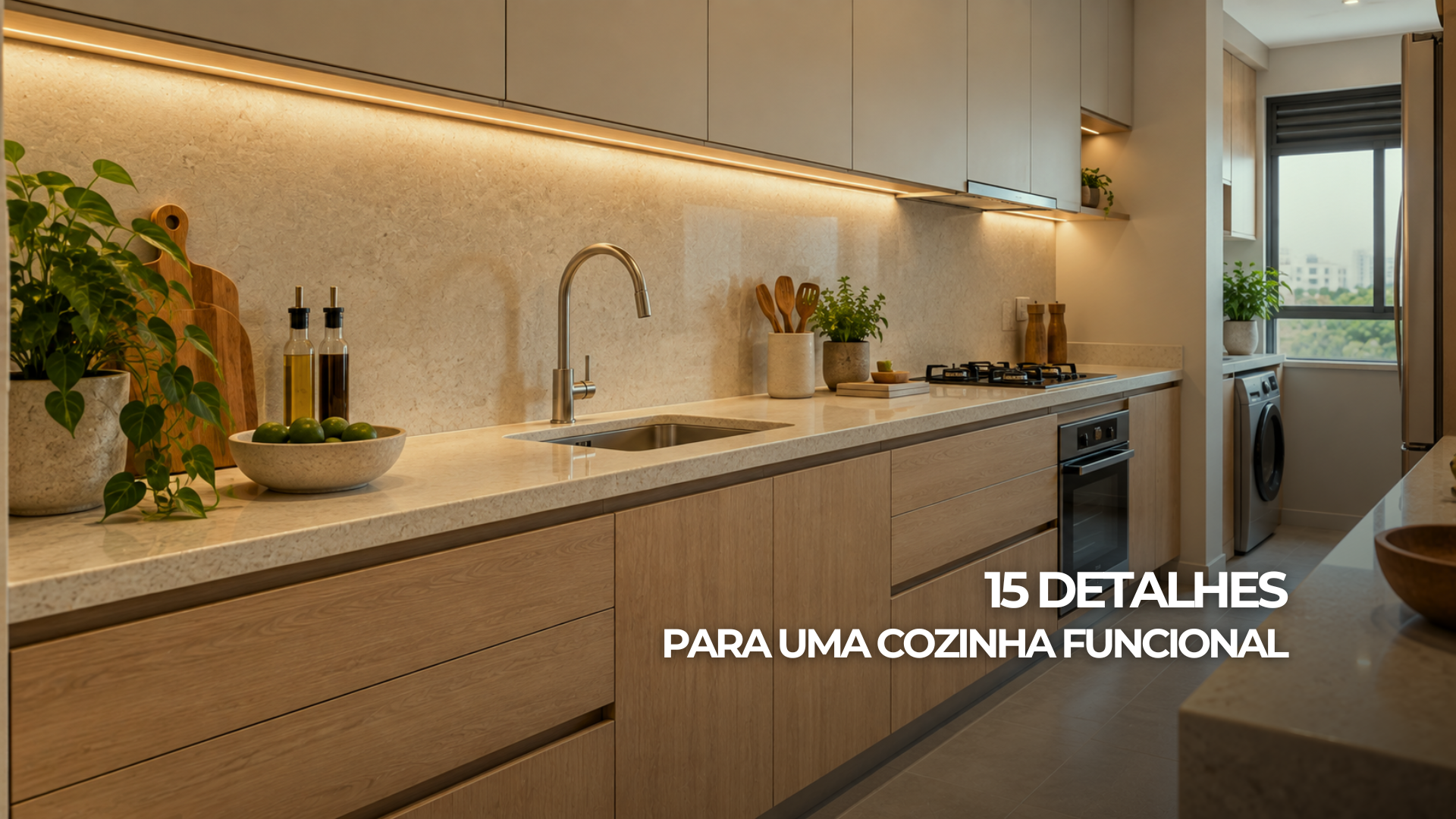 Cozinha contemporânea com bancada clara, marcenaria sem puxadores aparentes, luz sob os armários e piso acetinado.