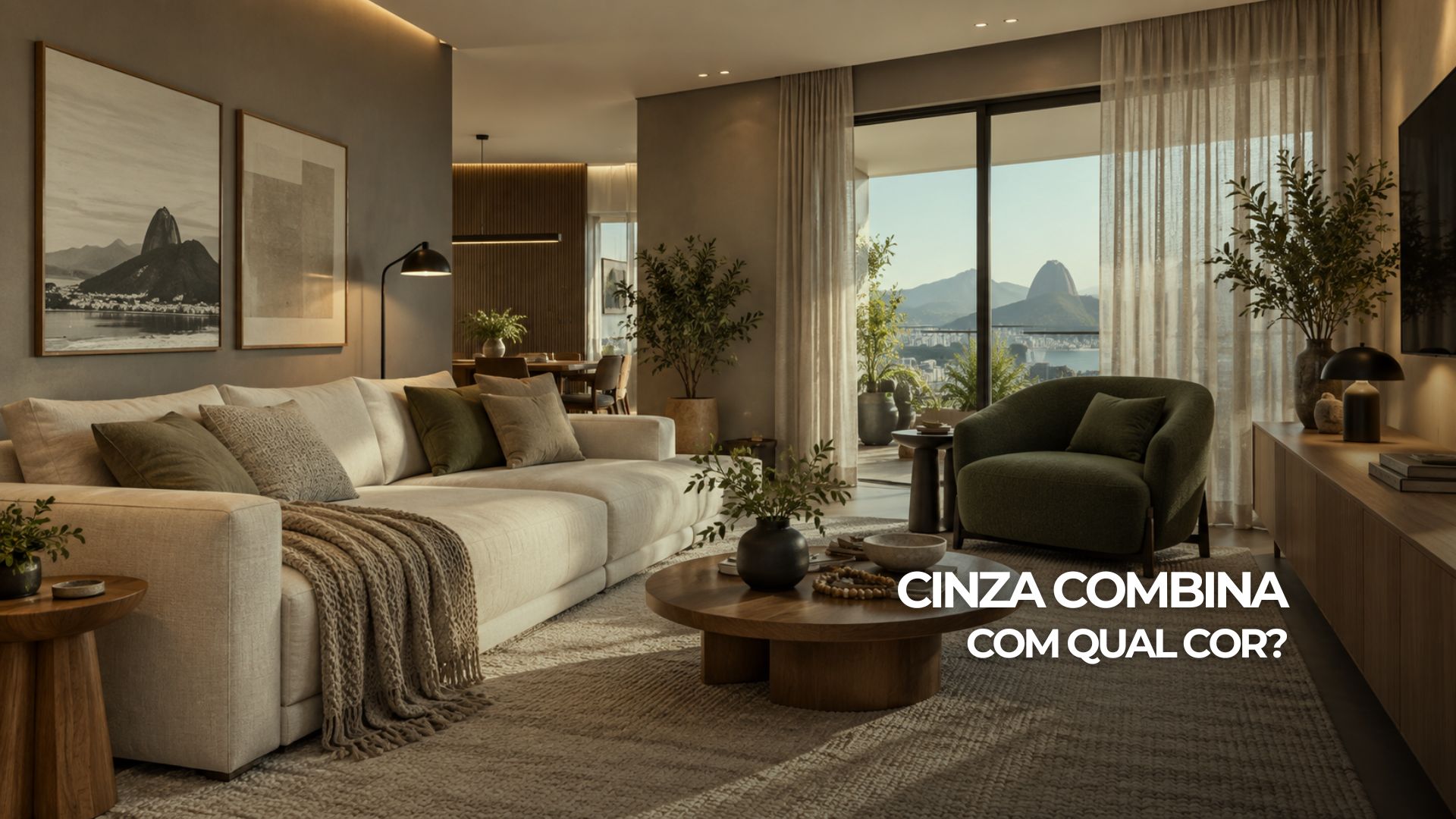 Sala contemporânea com parede cinza quente, sofá claro, madeira, detalhes pretos e poltrona verde sálvia.