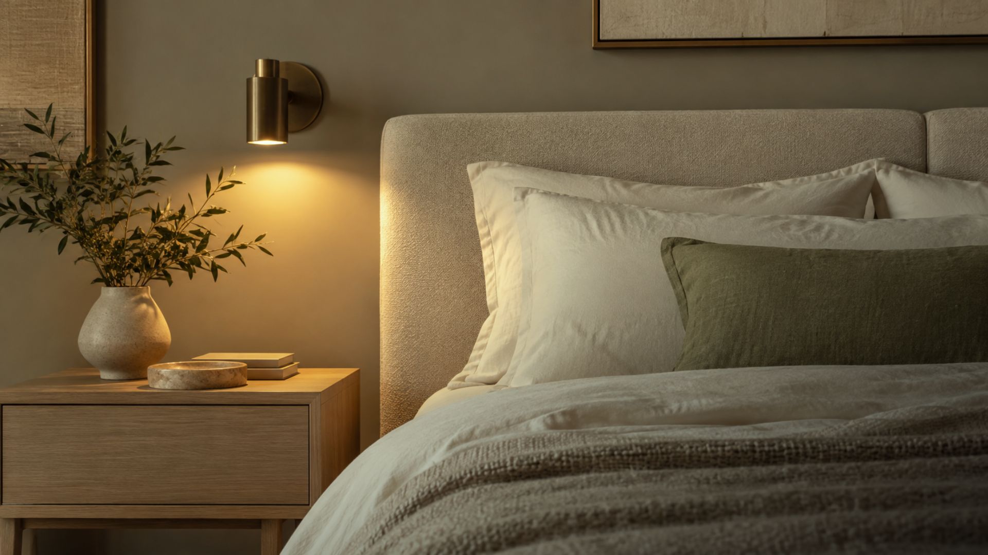 Quarto com parede cinza quente, cabeceira estofada, madeira clara, roupa de cama off-white e detalhe verde sálvia.