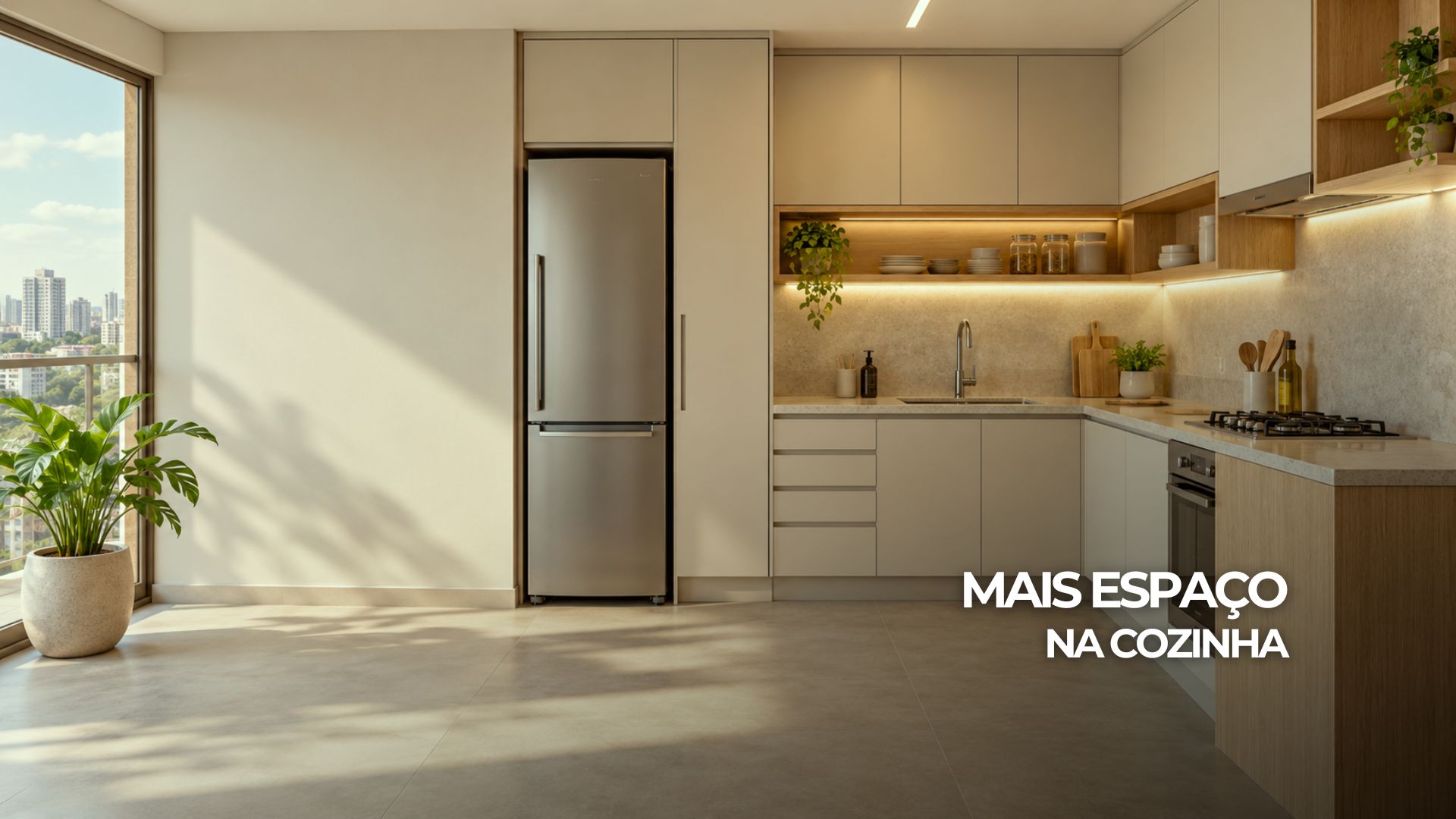Cozinha compacta em L com armários claros, despensa vertical, gavetas e bancada livre para preparo.