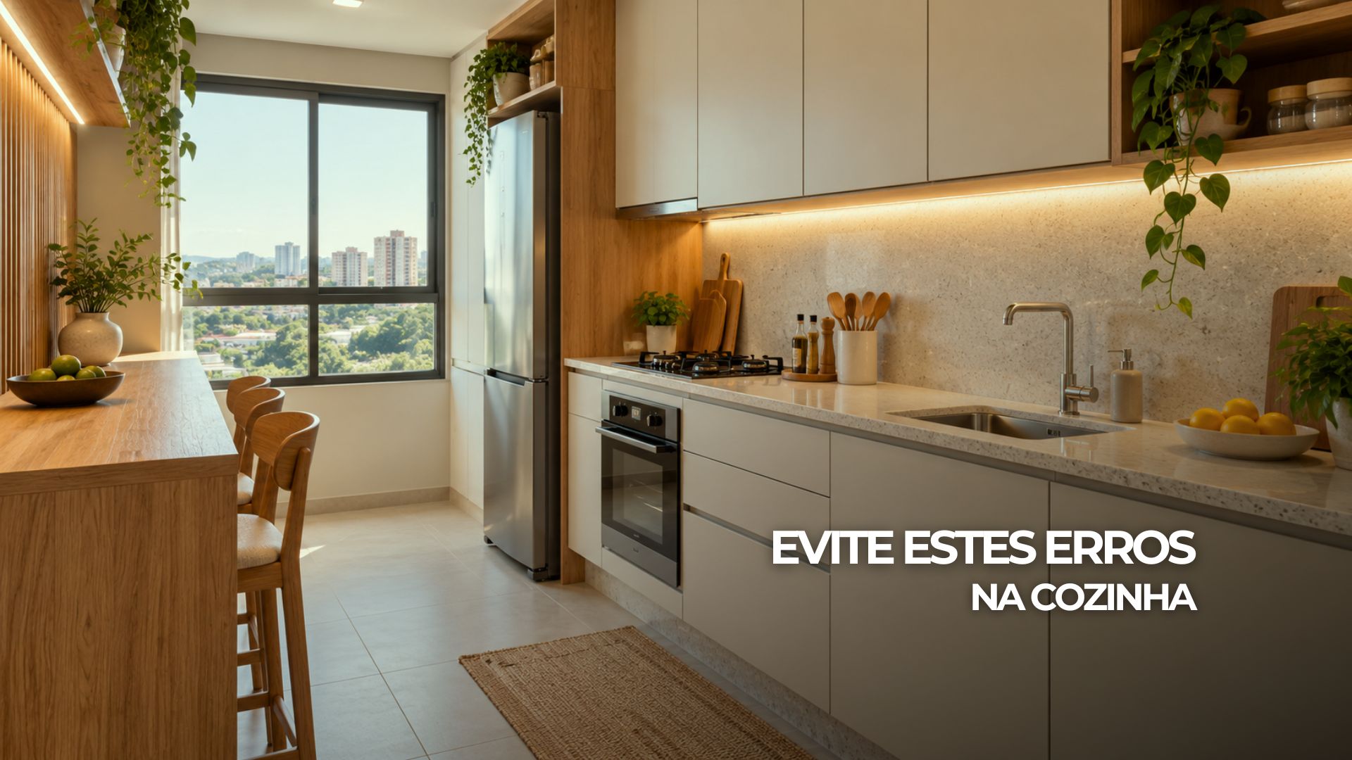Cozinha compacta com circulação livre, bancada de preparo desobstruída, gavetas e iluminação sob os armários.