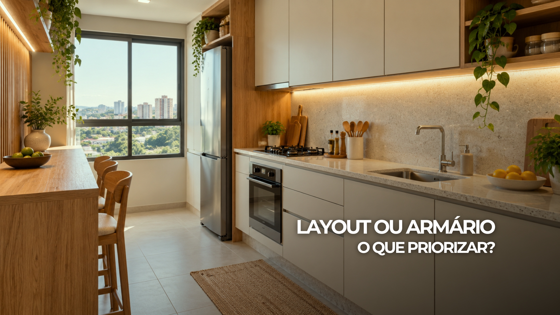 Cozinha compacta em L com despensa vertical, gavetas acessíveis, bancada livre e luz sob os armários.
