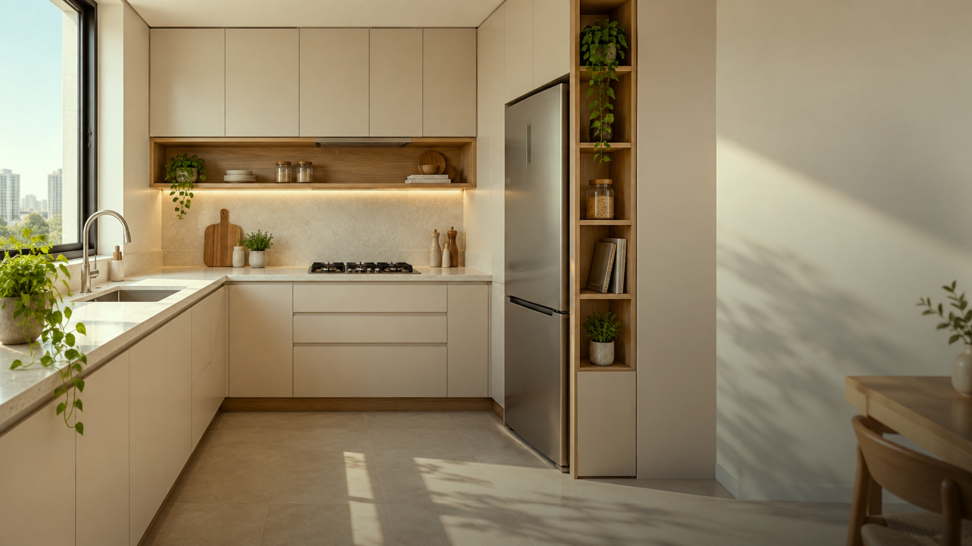 Fachada com parede marrom texturizada, plano off-white, esquadria escura e vegetação