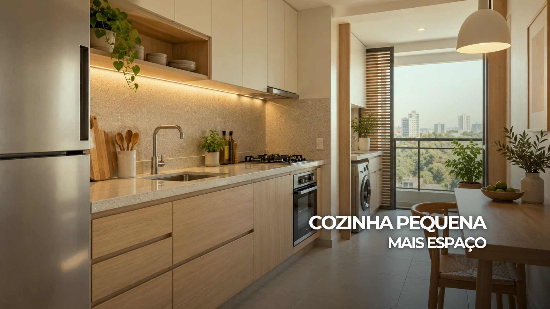 Cozinha pequena planejada com bancada livre, armários claros e circulação desobstruída.