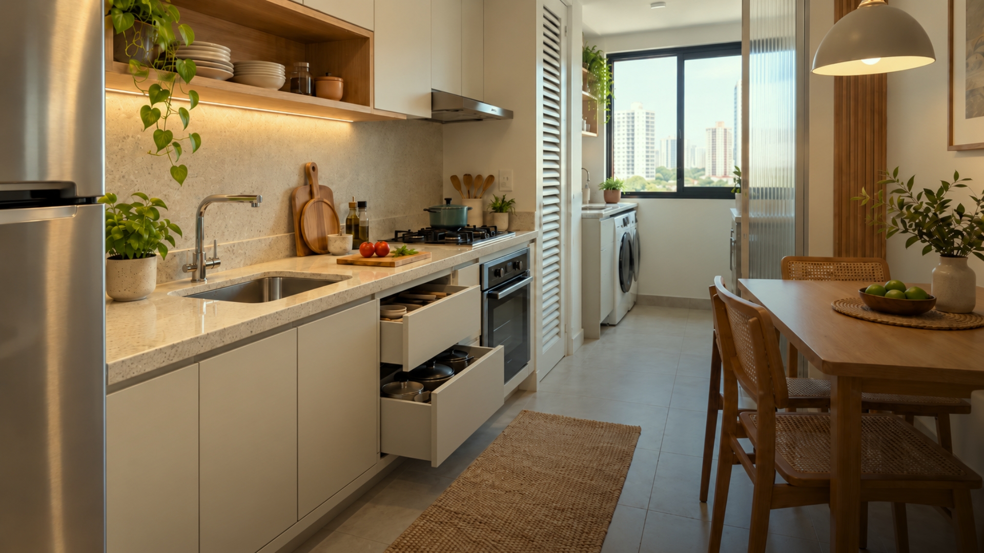 Cozinha compacta com bancada livre, armários acessíveis e circulação desobstruída