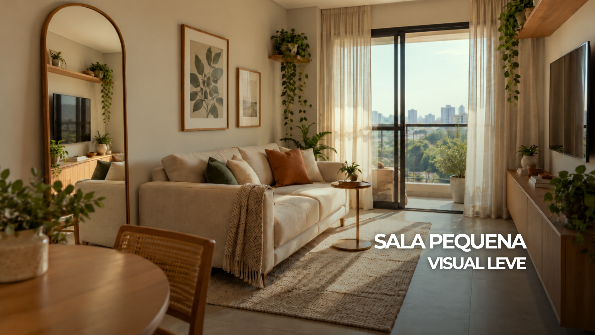 Sala pequena e simples com sofá proporcional, tapete claro, luz natural e passagem livre.