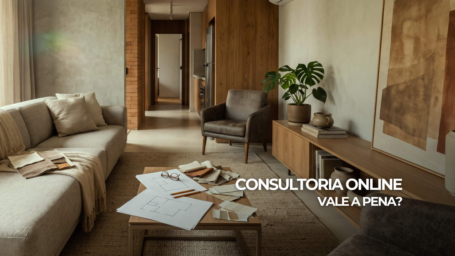 Sala de apartamento com amostras de cores e materiais organizadas para planejar a decoração