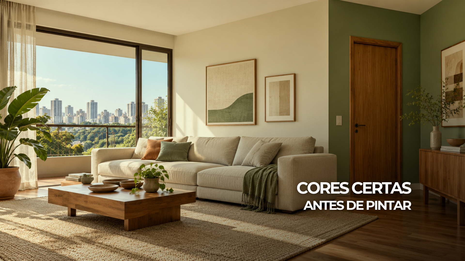 Ambiente interno com paredes creme e verde sálvia, porta de madeira e móveis claros
