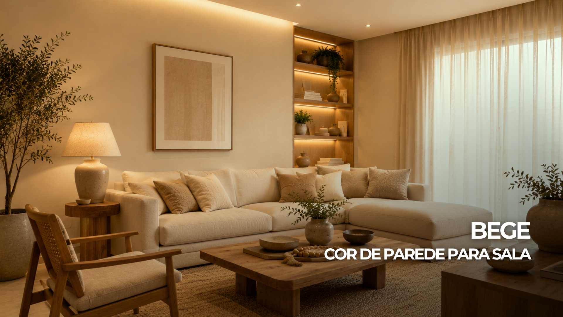 Sala elegante com parede bege, sofá claro, madeira natural, iluminação aconchegante, tapete neutro e decoração sofisticada