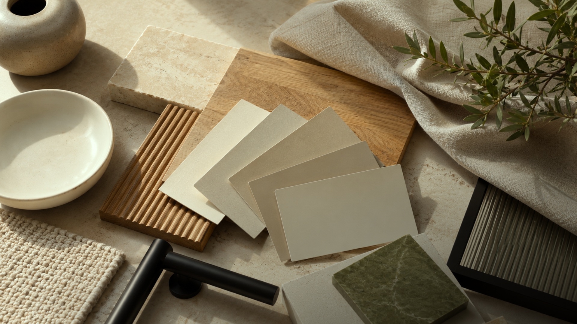 Paleta sofisticada de tons bege combinada com madeira, tecidos naturais, branco, verde suave e detalhes em preto
