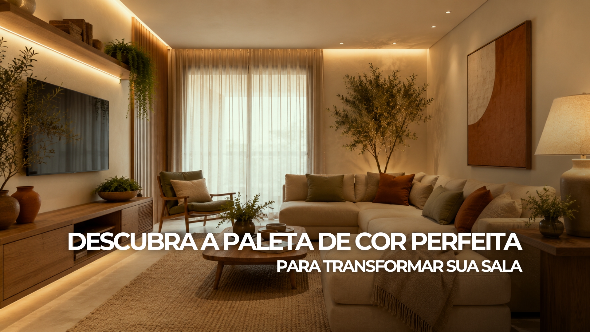 Sala elegante com paleta de cores em tons neutros quentes, madeira natural, sofá claro, iluminação aconchegante e detalhes em verde e terracota