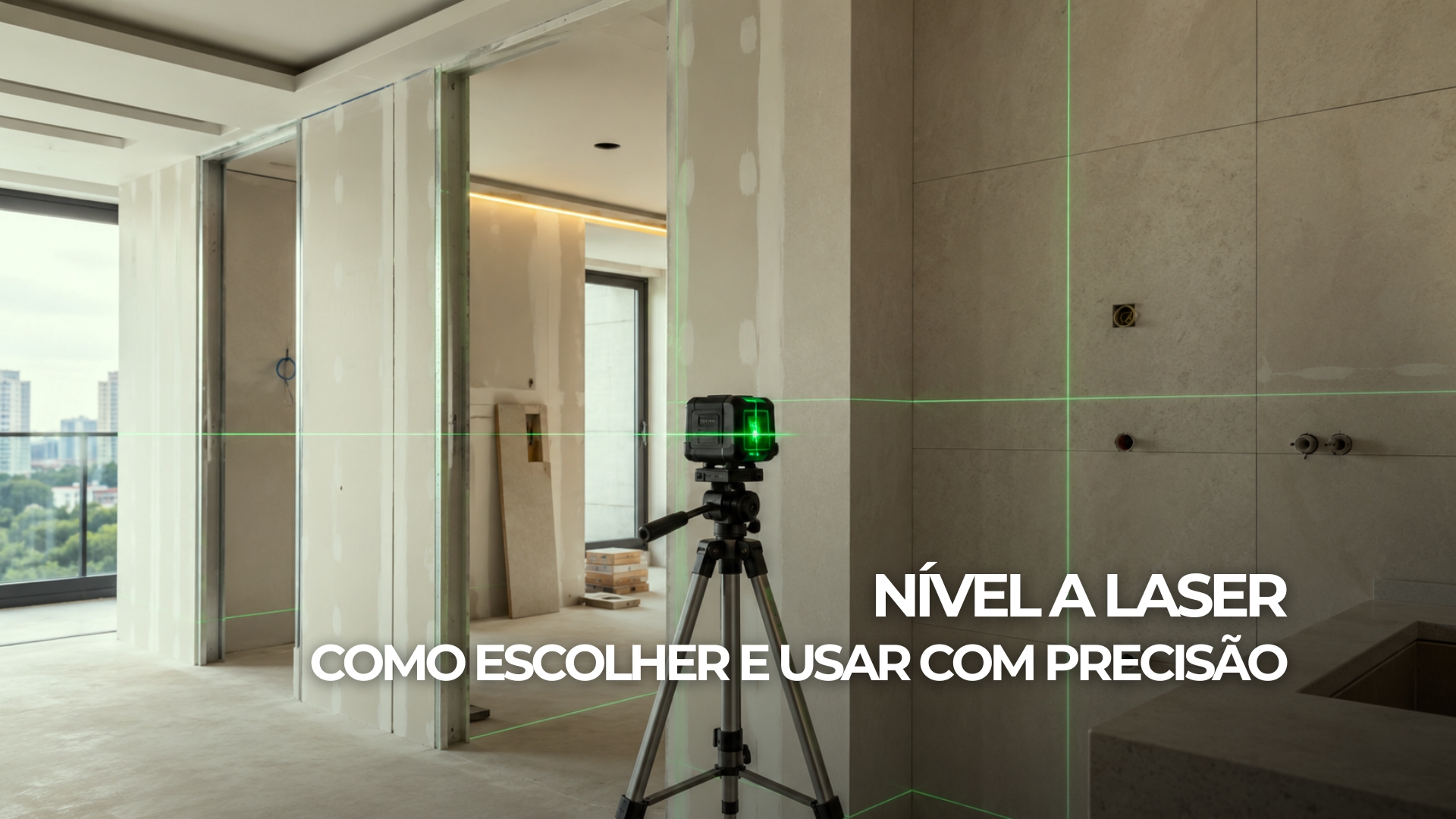 Nível a laser em tripé projetando linhas de referência sobre paredes de Drywall em reforma interna.