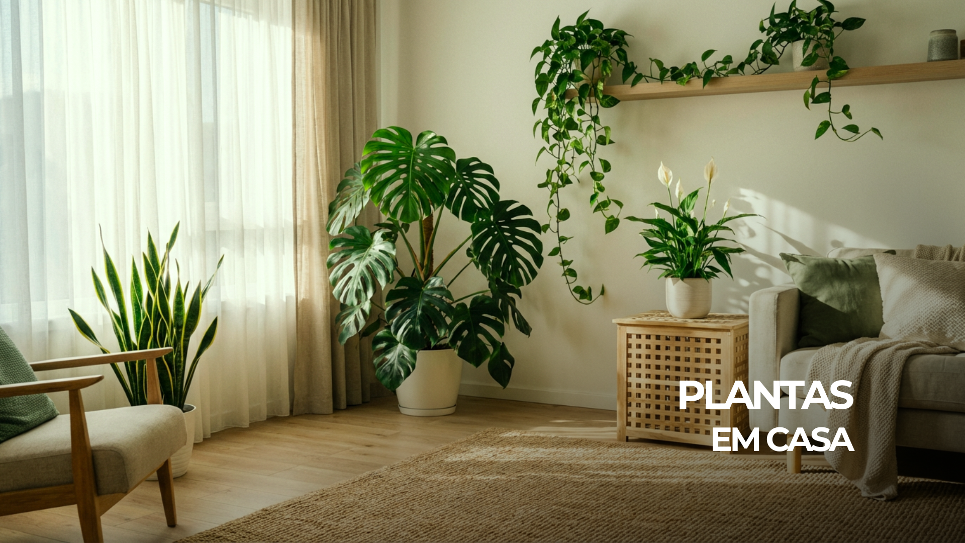 Sala decorada com diversas plantas internas