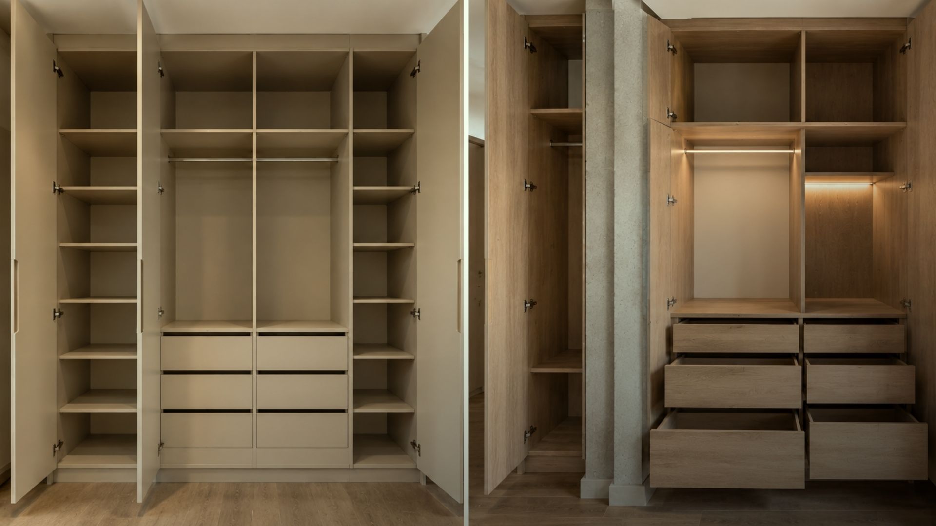 Detalhes internos de móvel modular e armário personalizado com gavetas e nichos.