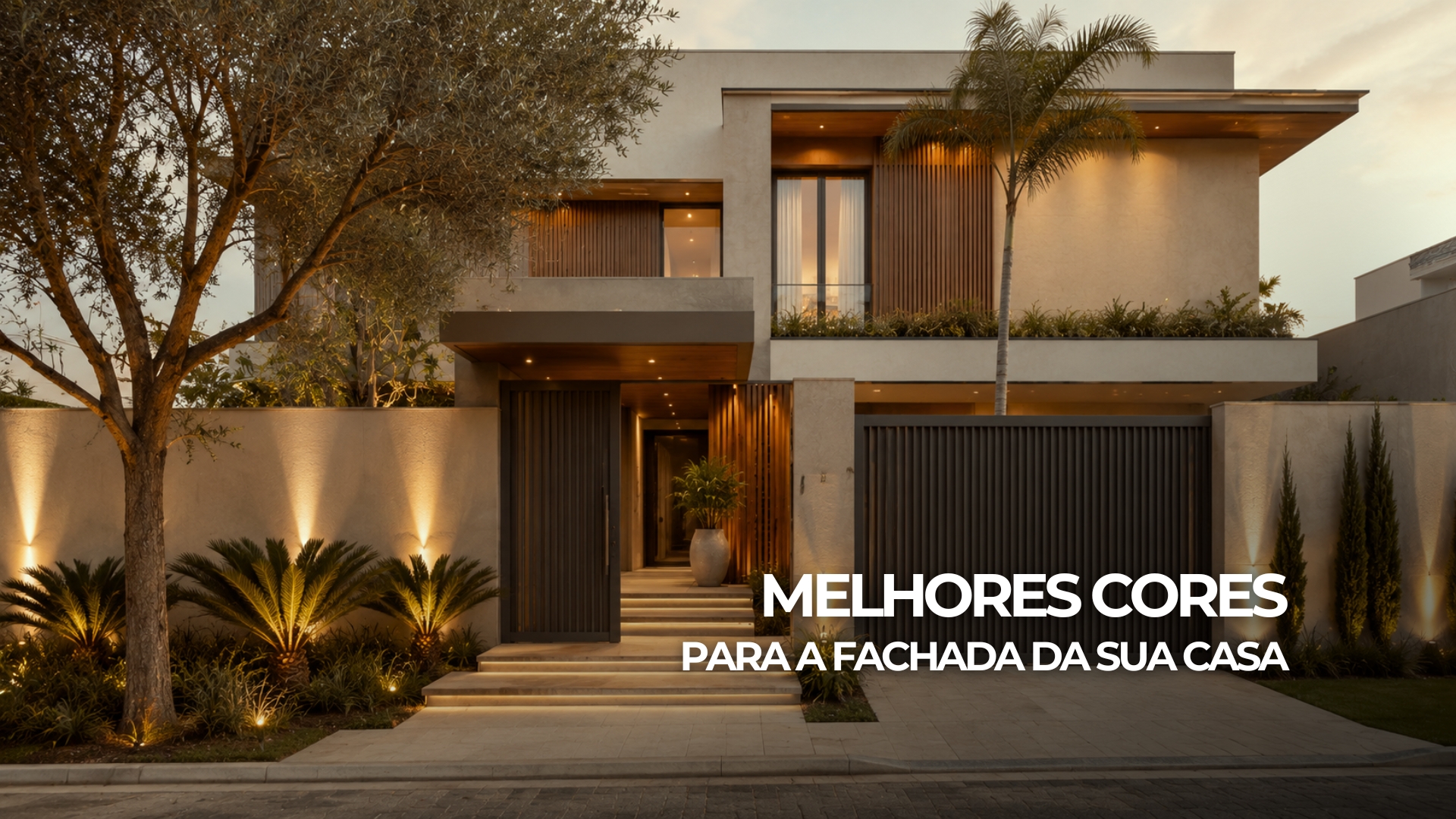 Fachada residencial sofisticada com pintura em tons neutros, detalhes em madeira, portão grafite, paisagismo e iluminação externa aconchegante