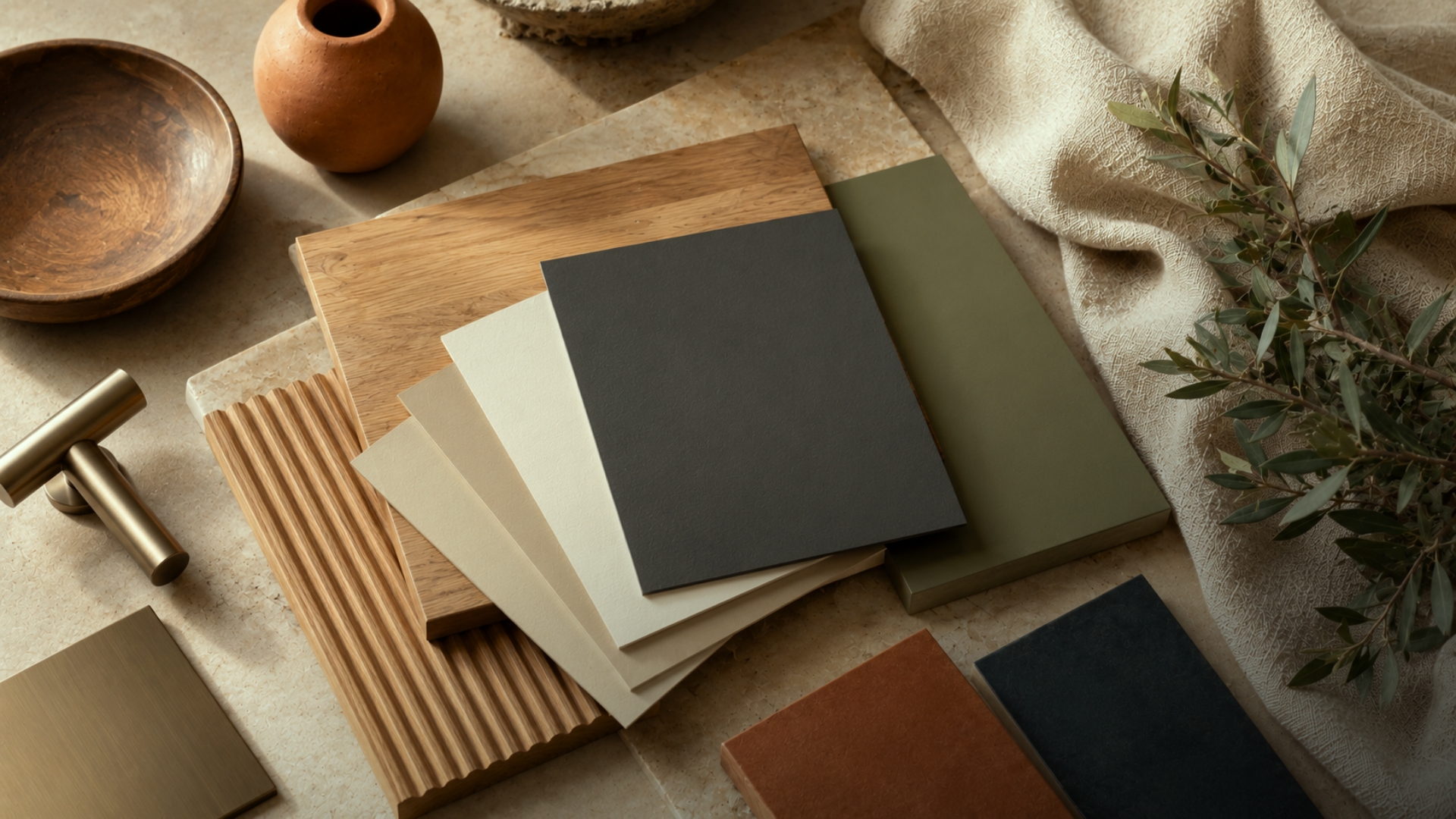 Paleta sofisticada com cinza grafite, off-white, madeira, terracota, verde oliva, azul petróleo e metais escovados para ambientes internos
