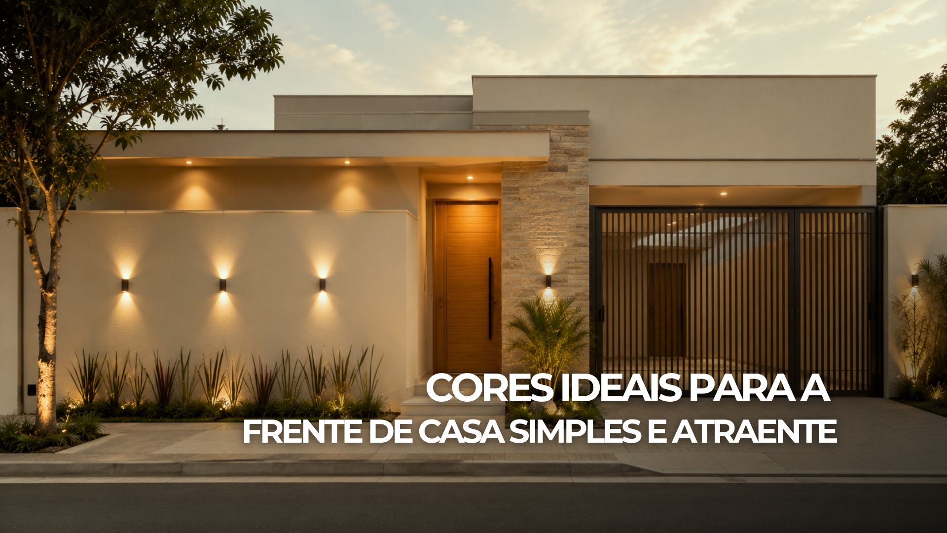 Fachada simples e atraente com pintura em tons neutros quentes, portão grafite, detalhes em madeira, plantas e iluminação externa aconchegante