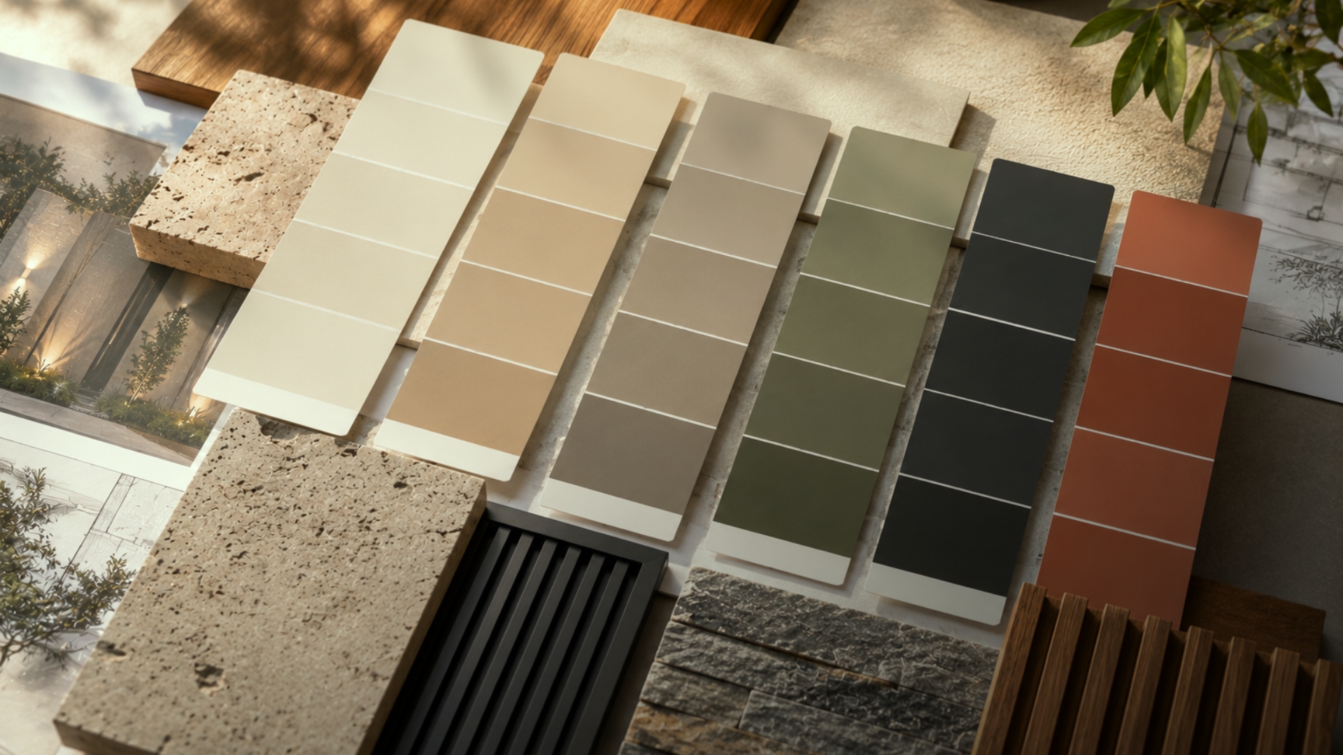 Paleta de cores para fachadas de muros com tons de off-white, areia, fendi, verde oliva, grafite, terracota e madeira natural
