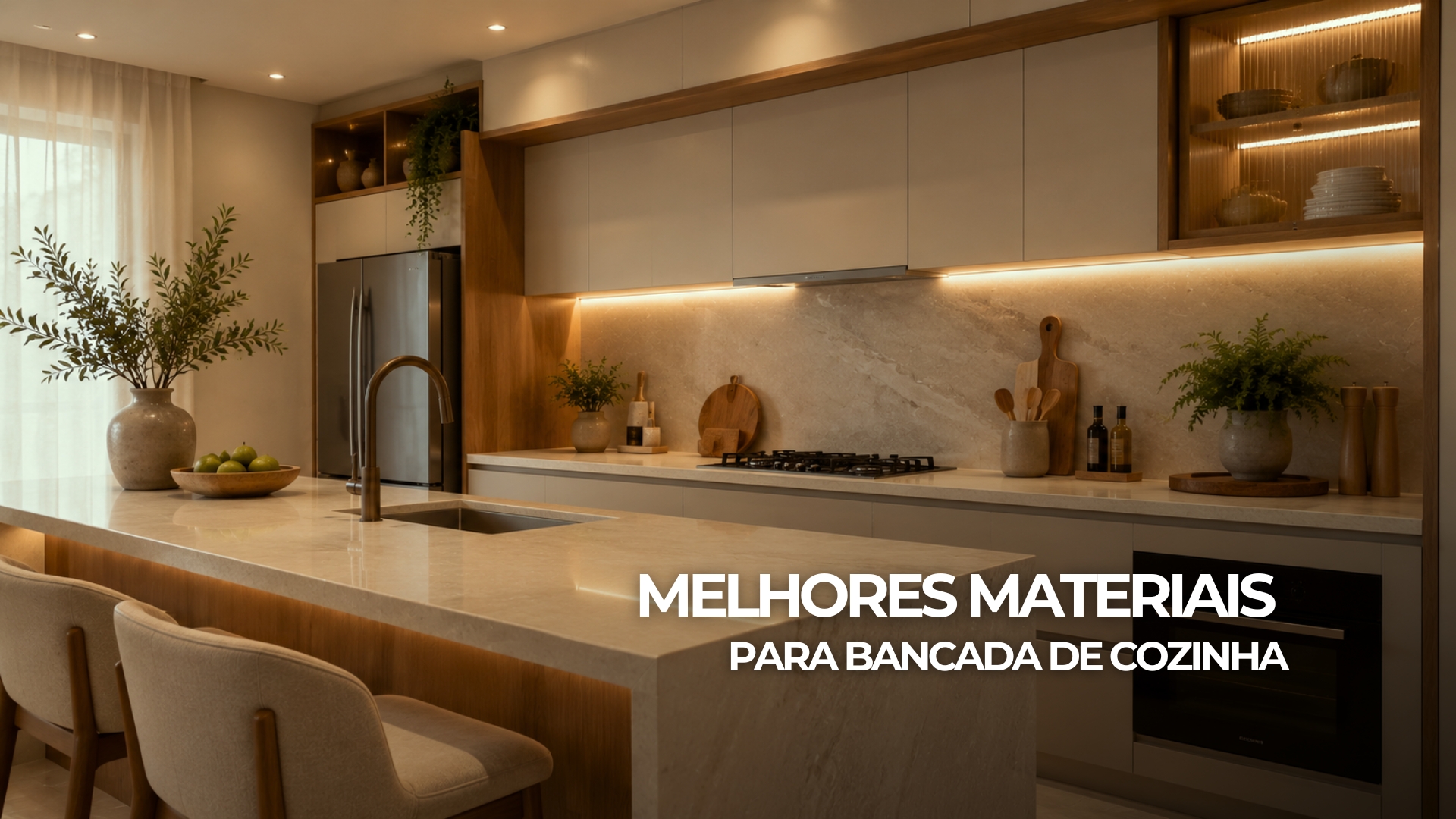 Cozinha sofisticada com bancada em pedra clara, armários planejados, iluminação aconchegante, acabamento refinado e materiais elegantes