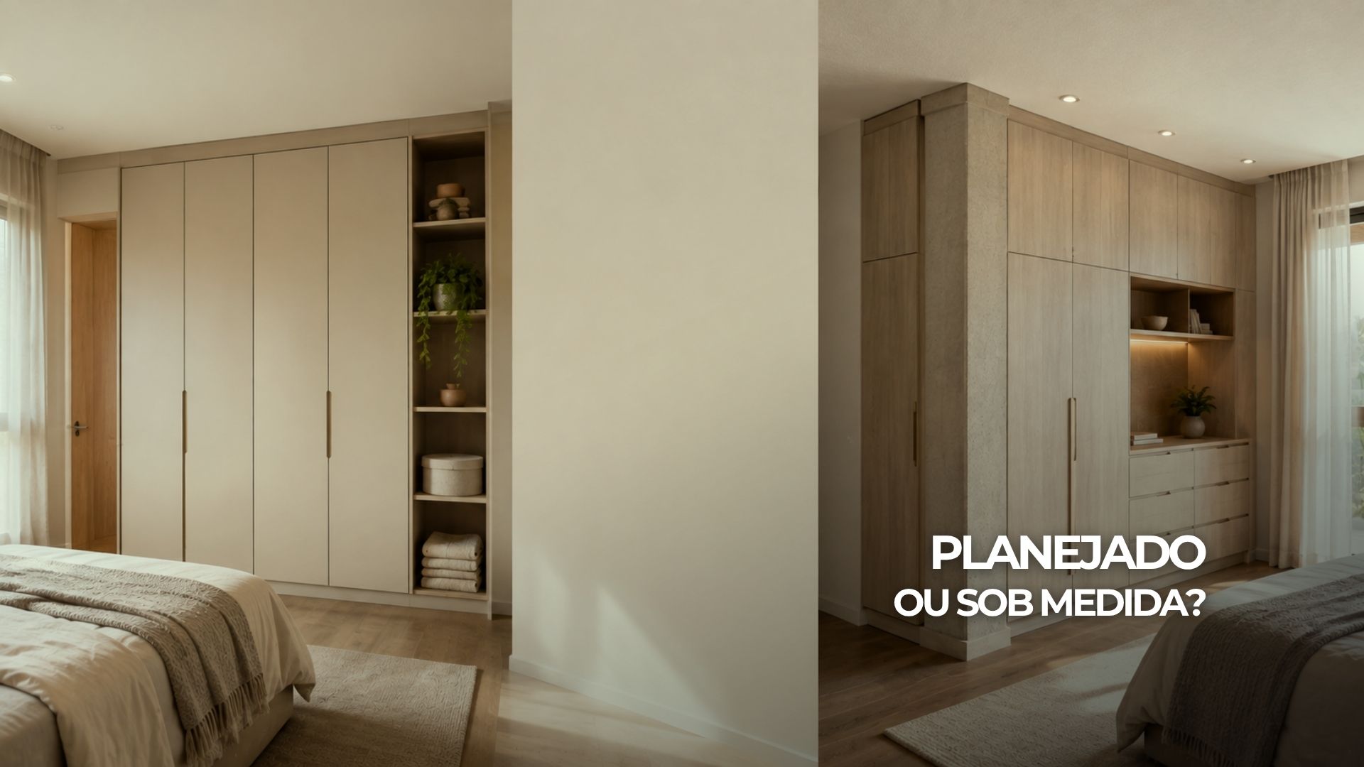 Comparação entre armário planejado modular e marcenaria adaptada a um pilar.