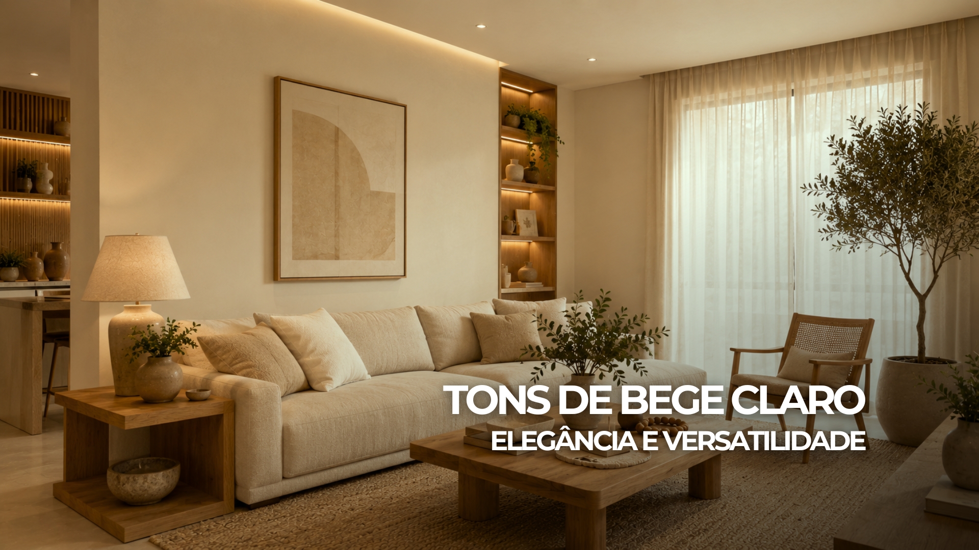 Sala elegante com paredes em tons de bege claro, sofá em tecido natural, madeira clara, iluminação aconchegante e decoração sofisticada