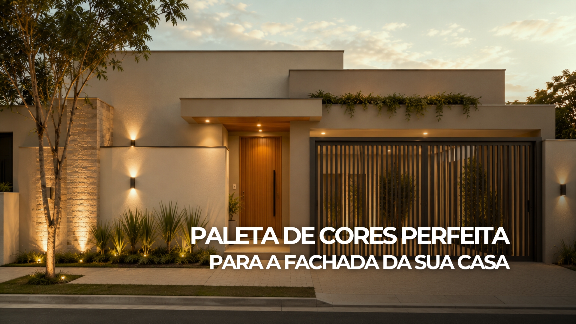 Fachada residencial elegante com paleta de cores em off-white, areia, fendi, grafite e madeira natural, paisagismo refinado e iluminação externa aconchegante