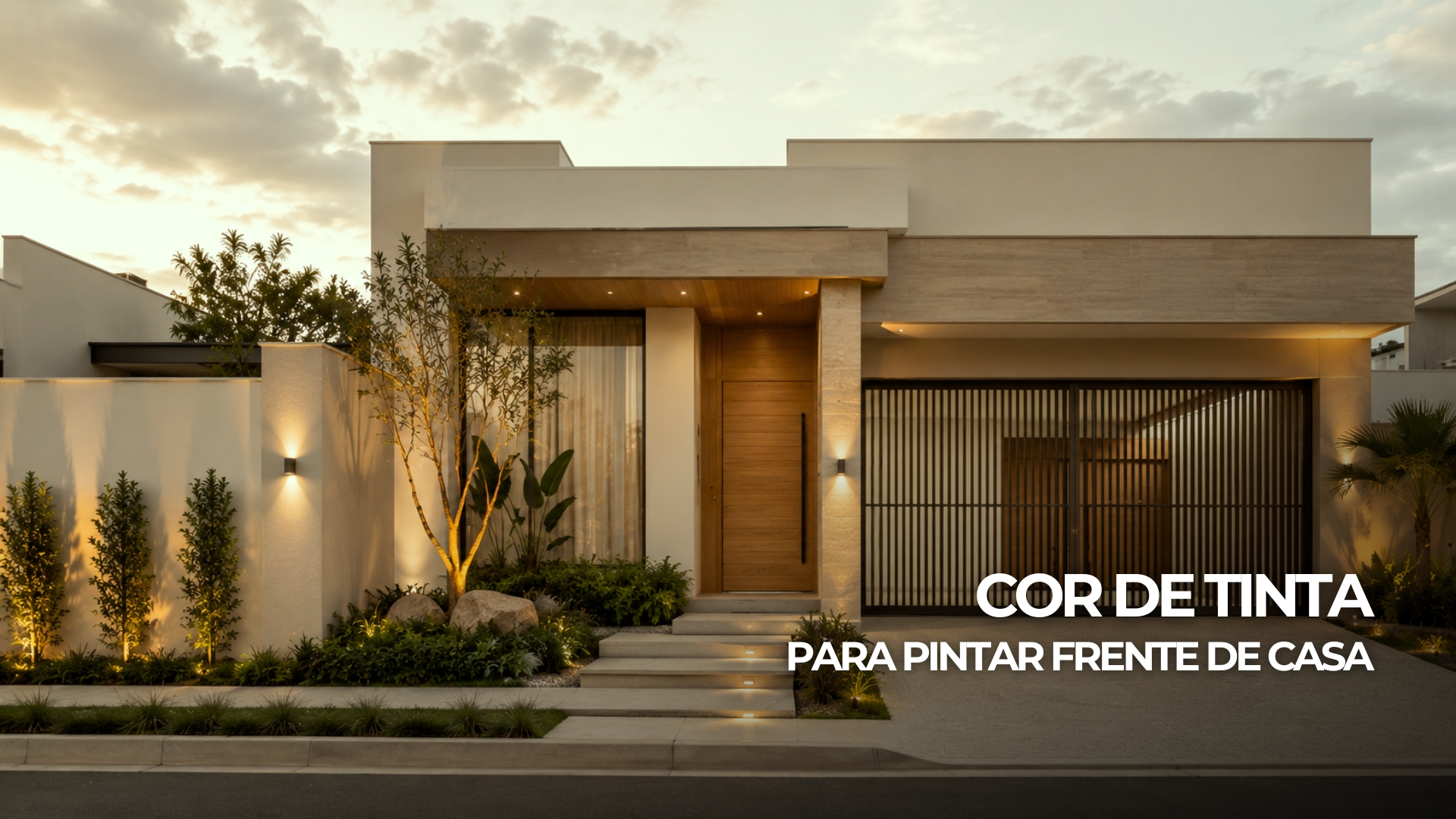 Fachada residencial elegante com pintura em tons neutros quentes, detalhes em madeira, portão grafite, paisagismo e iluminação externa sofisticada