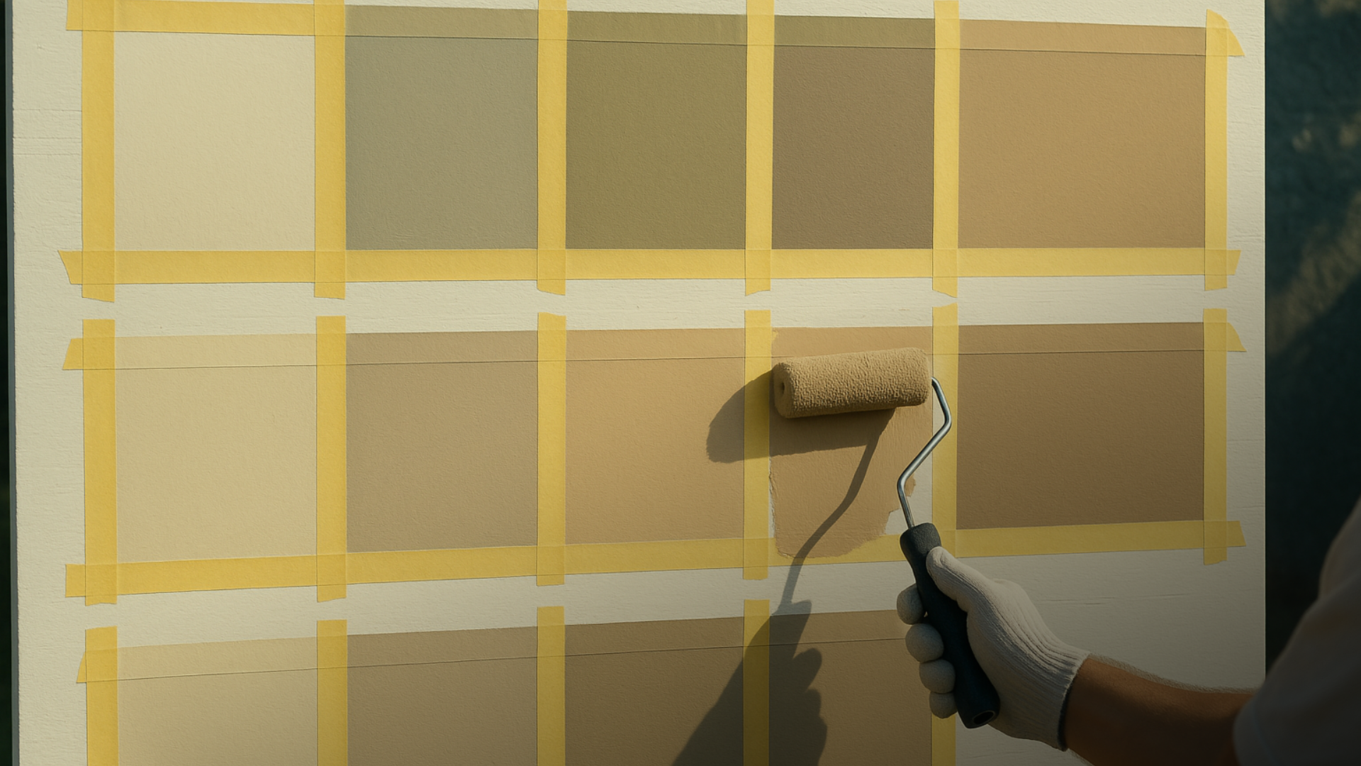 Profissional aplicando tinta de teste em painel de amostras na área externa, com rolo e fita demarcatória