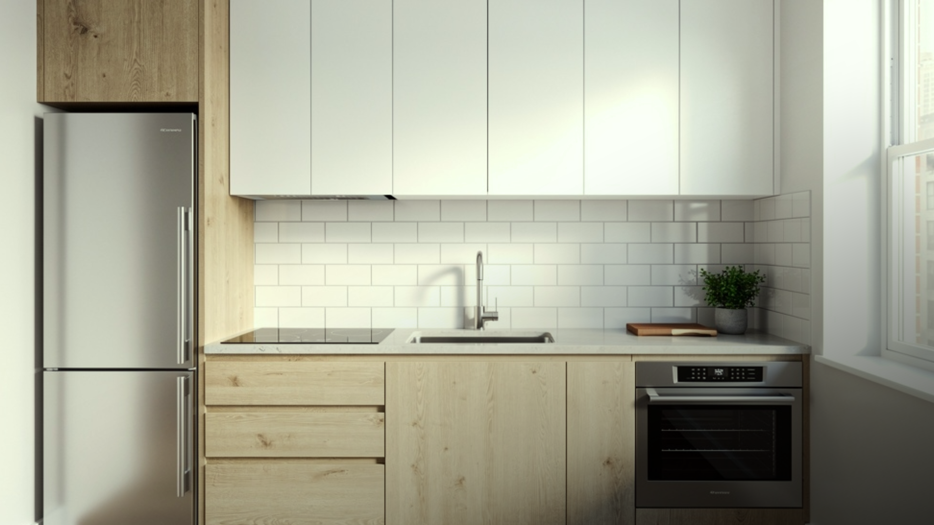 Cozinha pequena em linha com armários planejados e iluminação natural.