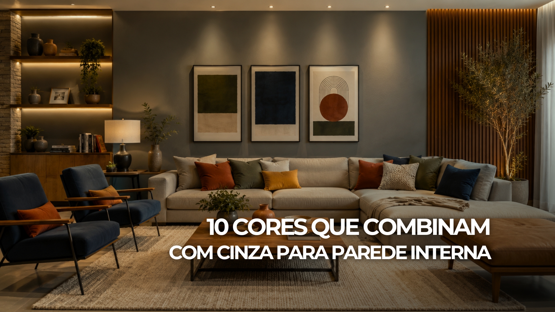 Sala sofisticada com parede cinza, móveis em tons neutros, madeira natural e detalhes em verde, terracota, azul e amarelo